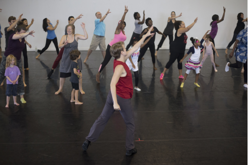 A group of dancers of varying ages are reaching their left arm to the top right corner and extending their left leg behind them.