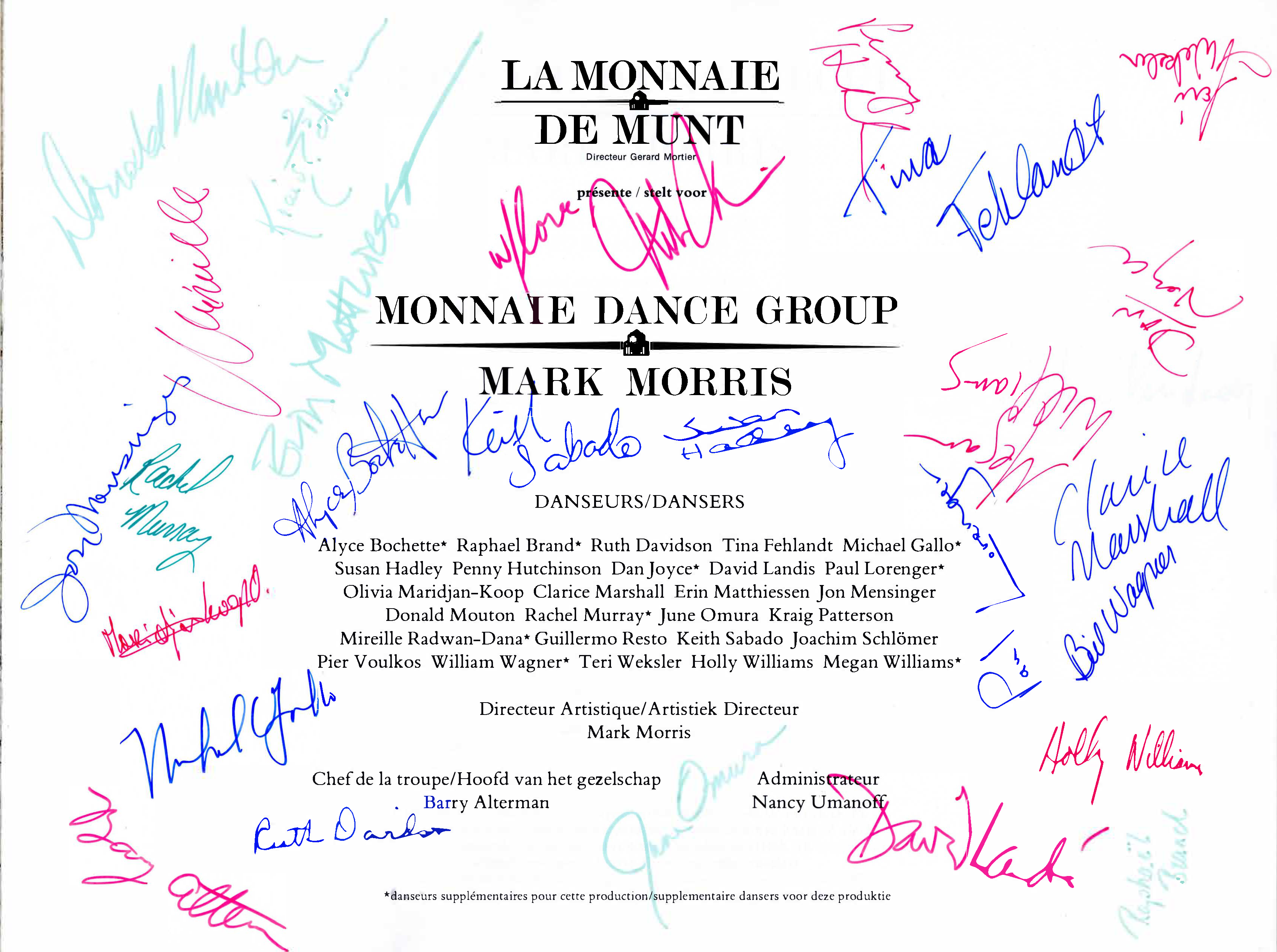 Program cover page, signed by Monnaie Dance Group/Mark Morris, for the premiere of L’Allegro, il Penseroso ed il Moderato at the Théâtre Royal de la Monnaie in Brussels, 1988.