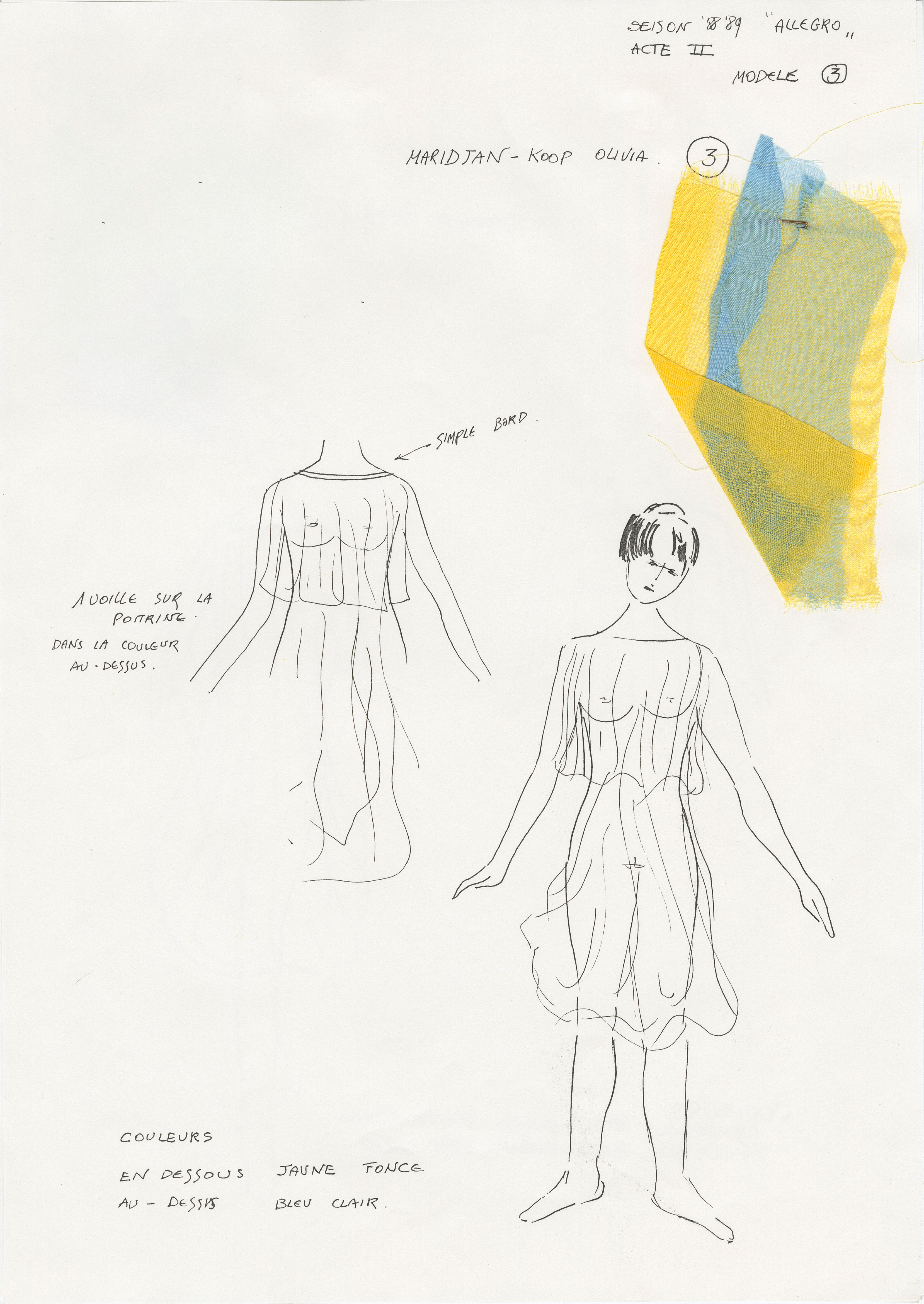 Costume sketch and fabric swatches by Christine Van Loon for dancer Olivia Maridjan-Koop’s ensemble in the second act of L’Allegro, il Penseroso ed il Moderato, 1988.
