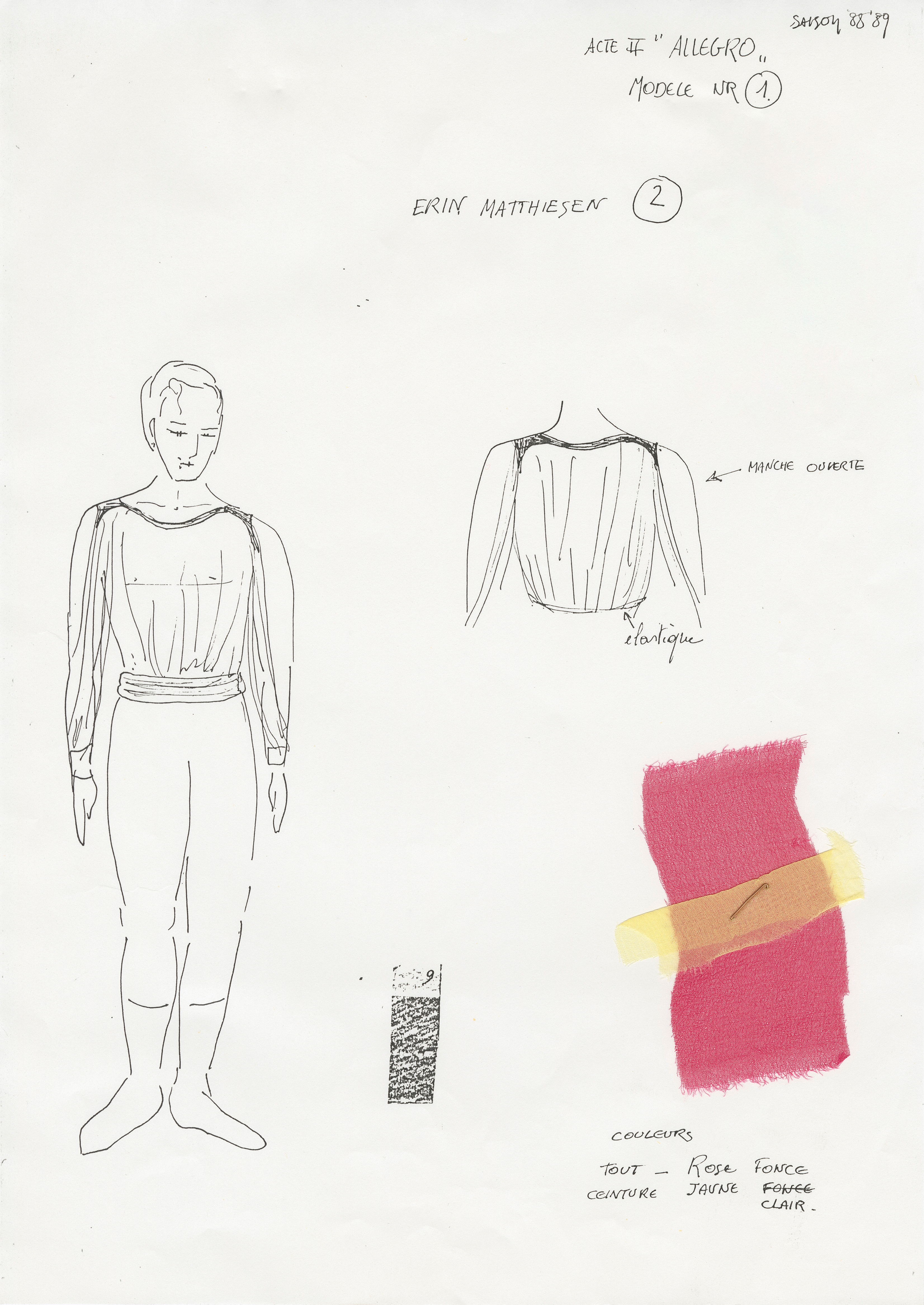 Costume sketch and fabric swatches by Christine Van Loon for dancer Erin Matthieson’s ensemble in the second act of L’Allegro, il Penseroso ed il Moderato, 1988.