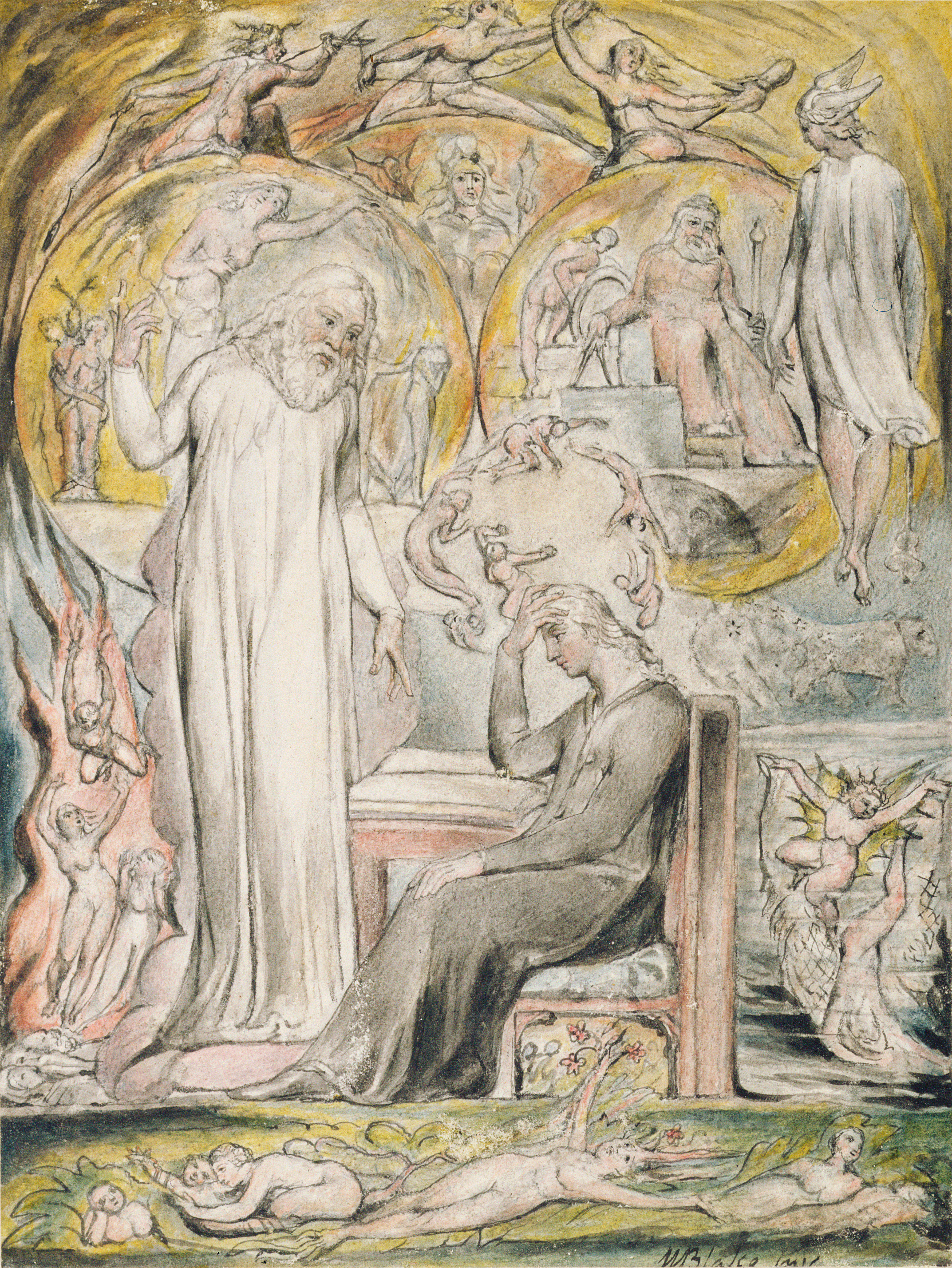 One of William Blake’s illustrations for Milton’s L’Allegro and Il Penseroso. This illustration depicts “The Spirit of Plato” (1949.4:9).